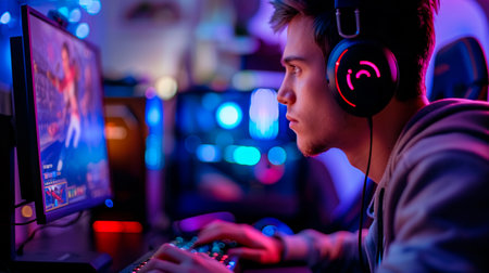 man in headphones playing online game on computer in neon lightの素材