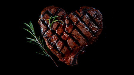 raw beef steak on a wooden board with spices and tomatoesの素材