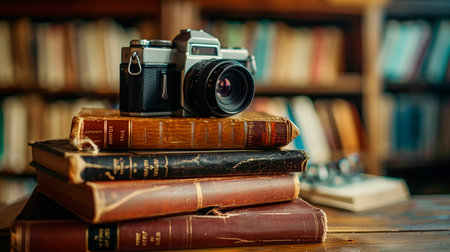 camera on the table in the libraryの素材