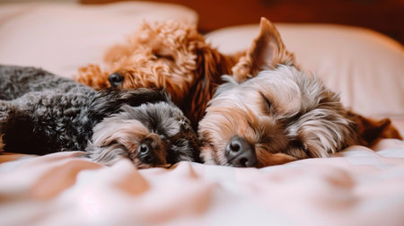 cute sleeping dog and cat on bed at homeの素材