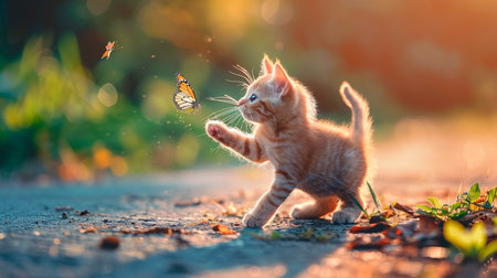 cute little kitten playing with a butterflyの素材