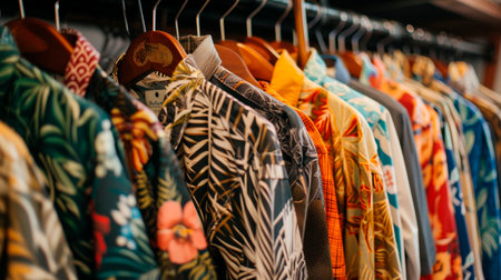 colorful clothes on hangers on the street at the storeの素材