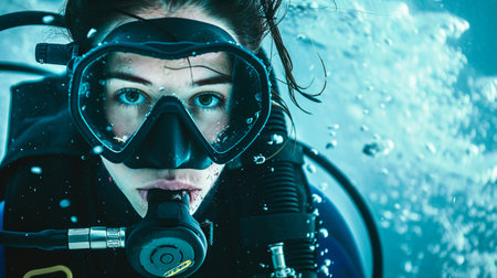 portrait of a beautiful young girl with a mask in the seaの素材