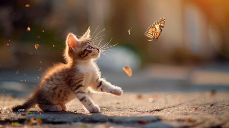 cute little kitten playing with a butterflyの素材