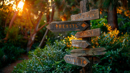 wooden signs of different directions on the background of the mountains in the background.の素材