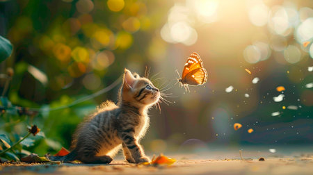 cute little kitten playing with a butterflyの素材