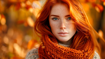 beautiful young woman in autumn forestの素材