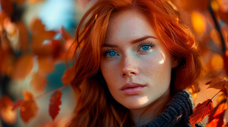 beautiful young woman in autumn forestの素材