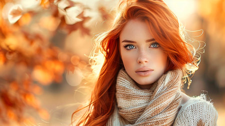 beautiful young woman in autumn forestの素材