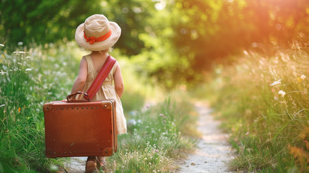little girl with suitcase on the beachの素材