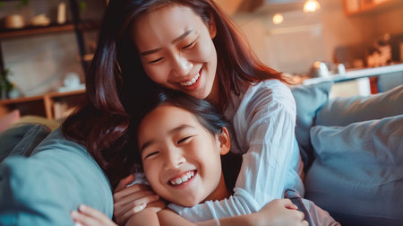 asian mother and daughter hugging and laughing while sitting on sofa at homeの素材