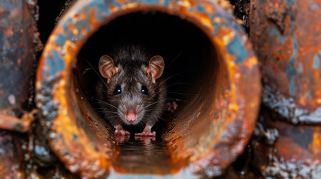 a large black rat lies on the old iron metal plate.の素材