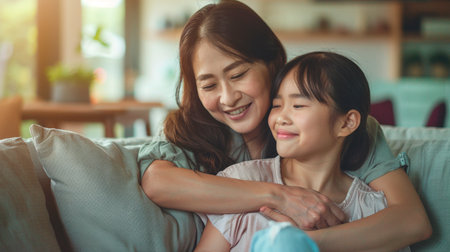 asian mother and daughter hugging and laughing while sitting on sofa at homeの素材