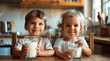 happy little children drinking milk and eating cookies in the morningの素材