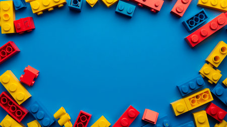 colorful toy blocks for children on blue backgroundの素材