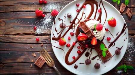 delicious chocolate cake with berries and cream on a plateの素材