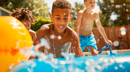 happy kids playing in swimming poolの素材