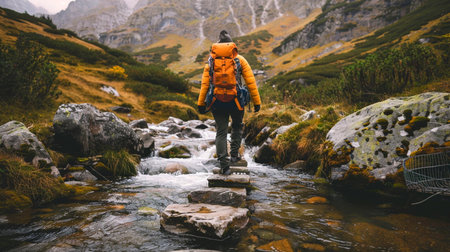 young hiker man in the mountainsの素材