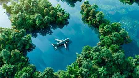 aerial view of the lake in the morning.の素材