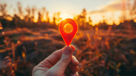 hand holds compass on sunset background.の素材