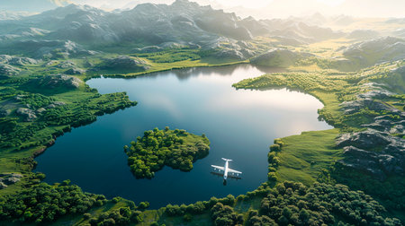 aerial view of the lake in the morning.の素材