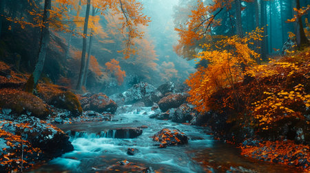 colorful forest with a river and trees in mountainsの素材