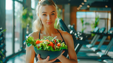 young girl is sitting in the gym and holding a plate with fresh salad.の素材