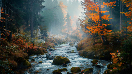 colorful forest with a river and trees in mountainsの素材