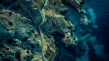 drone view of a rocky road between the mountains and the seaの素材