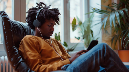 man listening music with headphones in living roomの素材