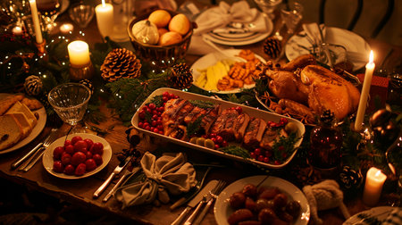 christmas table with food, fireplaceの素材