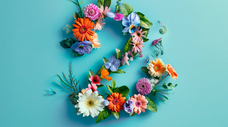 creative flat lay composition of flowers and leaves on blue background. spring summer backgroundの素材