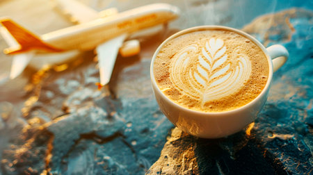 hot coffee with a croissant, cup with coffee on the table, travel conceptの素材