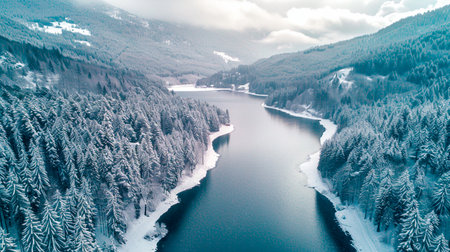 Aerial view of a beautiful forest and lake in winterの素材