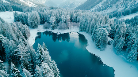 Aerial view of a beautiful forest and lake in winterの素材
