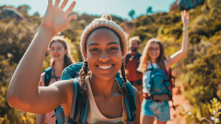 Young people go hikingの素材