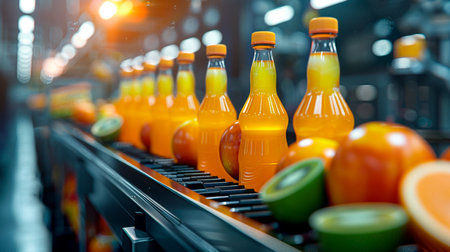 production of red juice bottles in conveyor belt for beverage or drink. factory for production.の素材