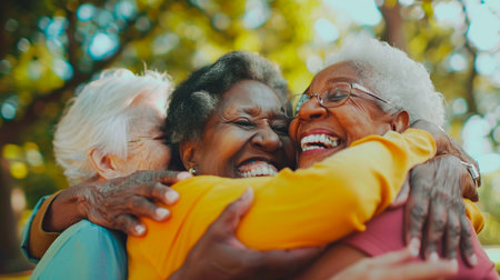 group of happy multiethnic aged women laughing while spending time togetherの素材