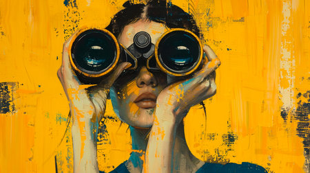 portrait of young girl with binoculars.の素材