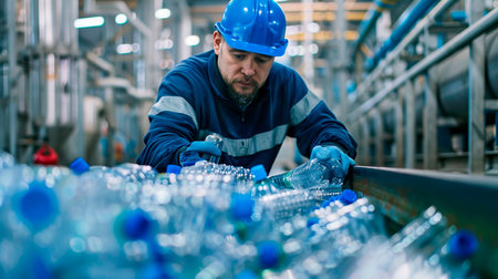 worker sorting plastic bottles at a factoryの素材
