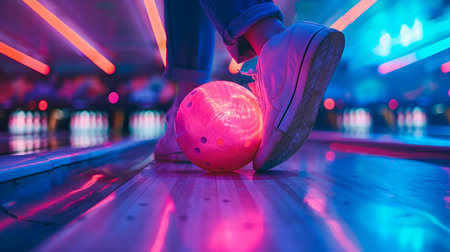 legs of a young girl in sneakers and neon lights, bowling ballの素材