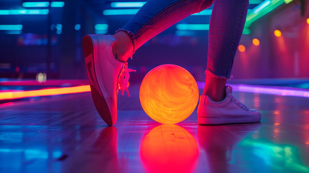 legs of a young girl in sneakers and neon lights, bowling ballの素材