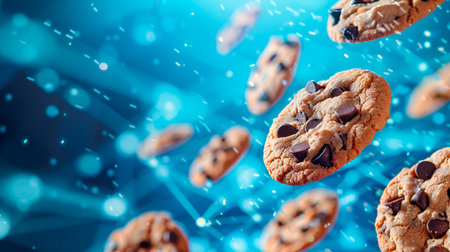 close up of cookies and computer chip on blue bokeh background.の素材
