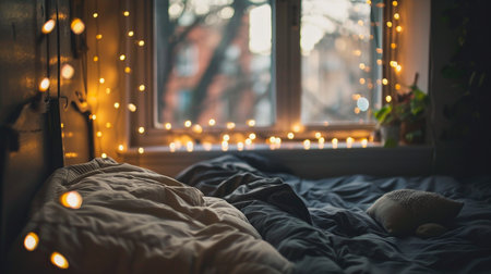 candles and garland on a bedの素材