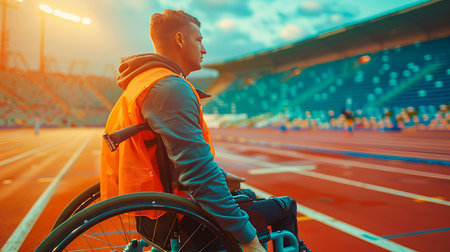 Young disabled man in a wheelchair at the stadiumの素材