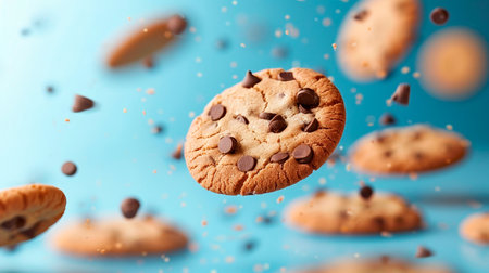 close up of cookies and computer chip on blue bokeh background.の素材