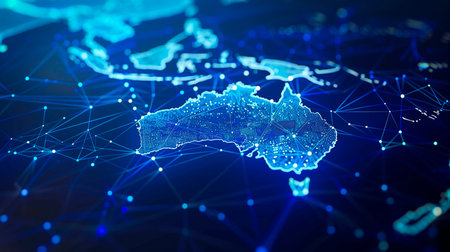 australia map with glowing dots and linesの素材