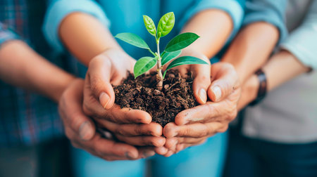 Top view of people holding soil in soil.の素材