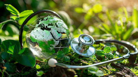 stethoscope and earth in the grass on a treeの素材