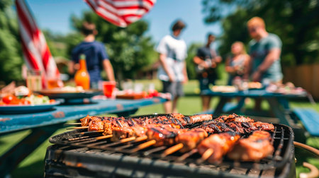 friends having barbecue party on a picnicの素材